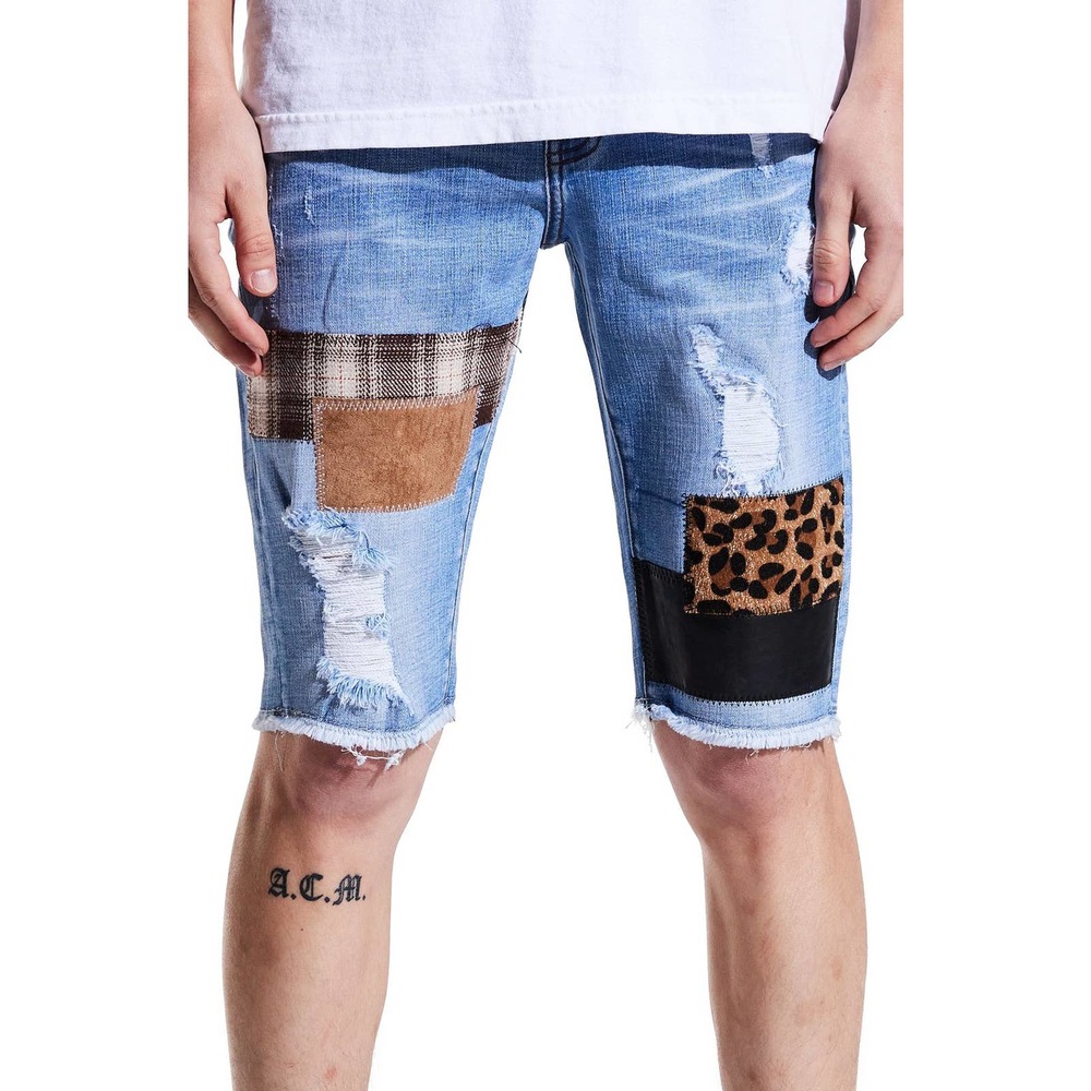 Crysp Denim Men's Onyx Distressed Rips Patch Skinny Fit Denim Jean Shorts